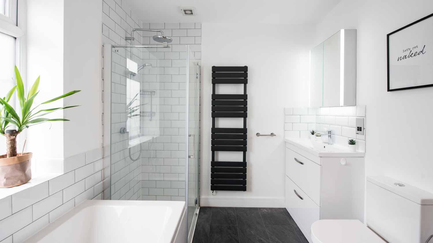 Interior view of a white bathroom 
