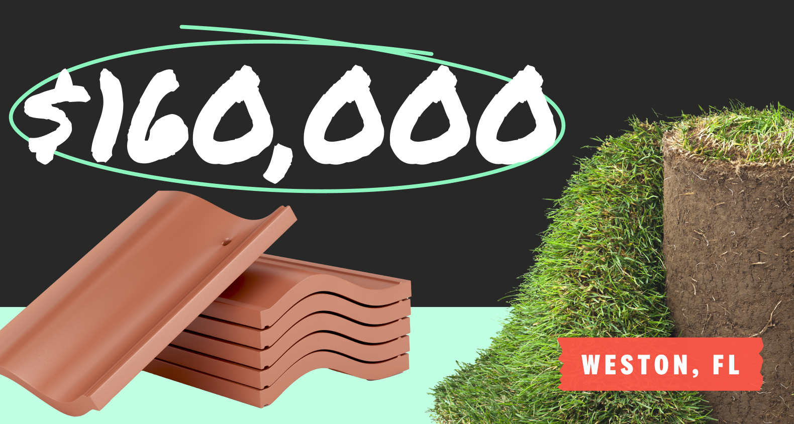 A collage featuring a roll of sod and a stack of clay roof tiles. Overlay says “$160,000 - Weston, FL”.