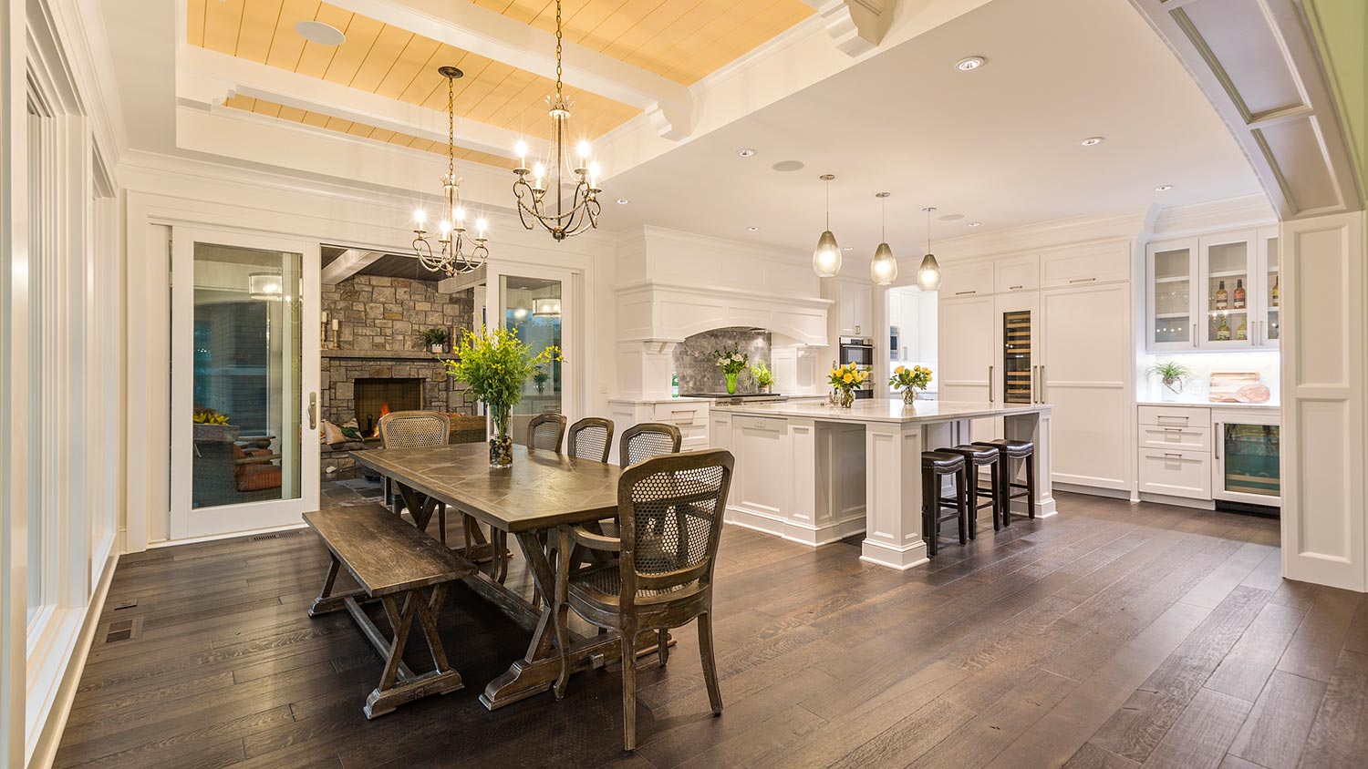 Dining area and kitchen with beautiful hanging lights