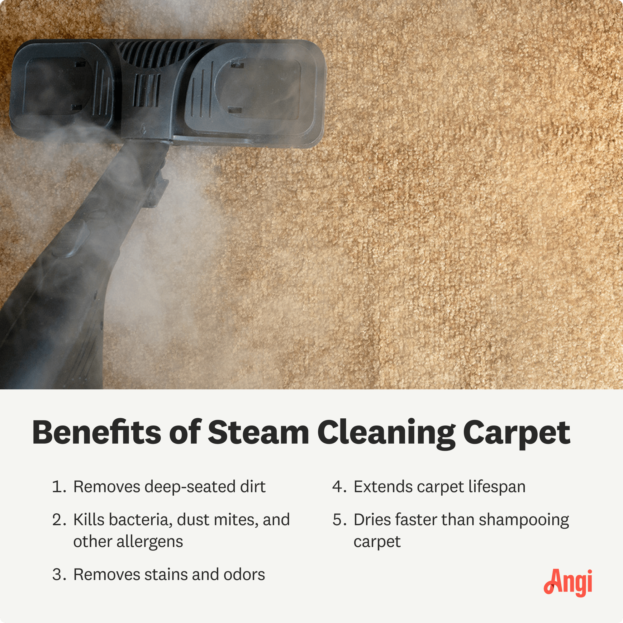 5 benefits of steam cleaning carpet, including removing stains and odors and extending carpet lifespan