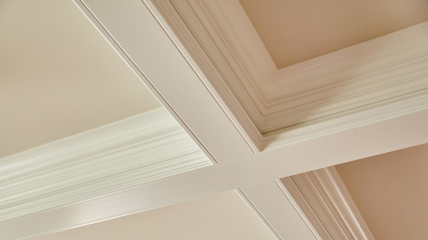 White crown molding on the ceiling forms a cross on an off white ceiling