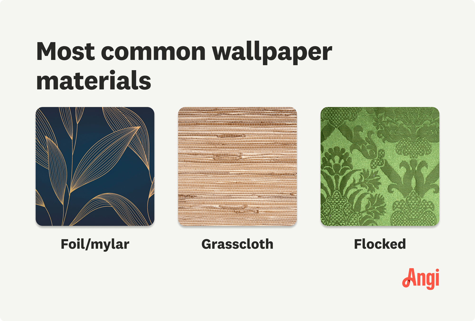 3 most common wallpaper materials compared visually, including foil or mylar, grasscloth, and flocked