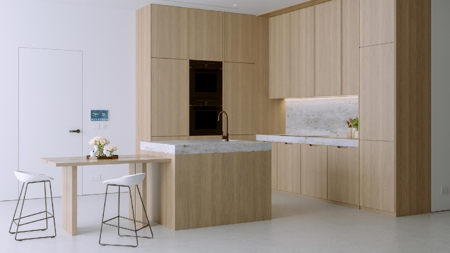 A contemporary kitchen with wooden cabinets