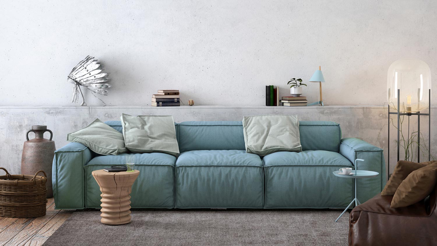 A contemporary living room with a comfy sofa