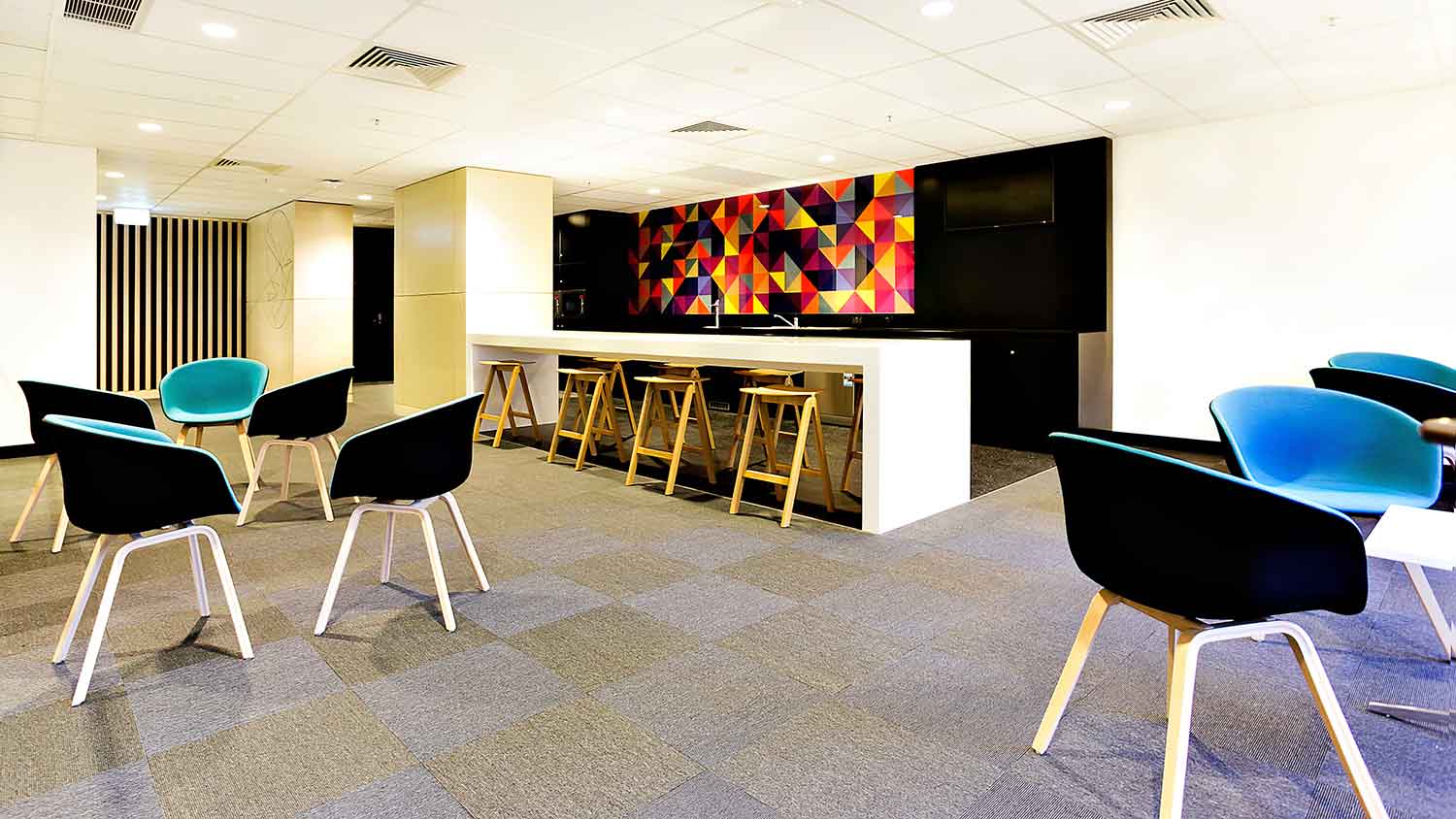 Carpet tiles installed in a dining room area