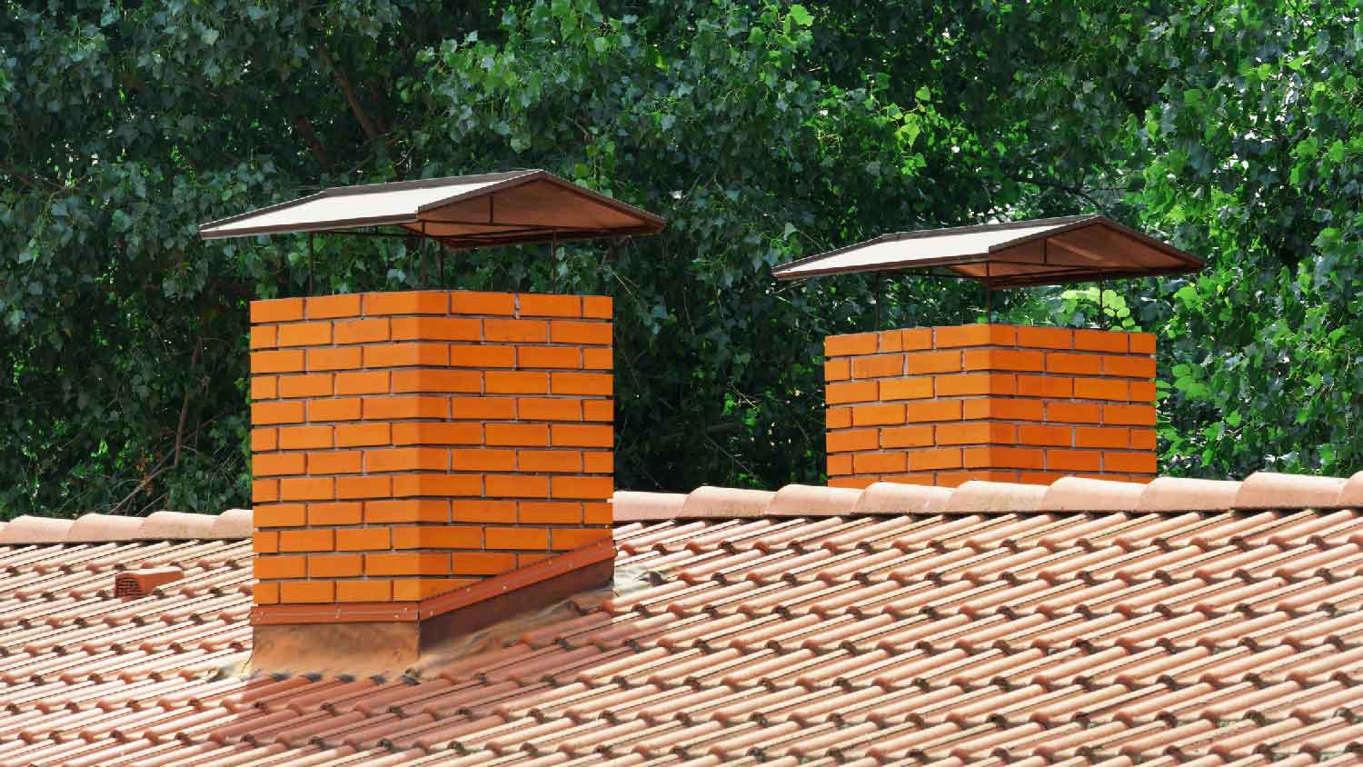 A double brick chimney with on a roof