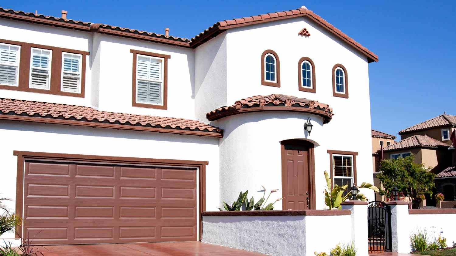 The exterior of a stucco house