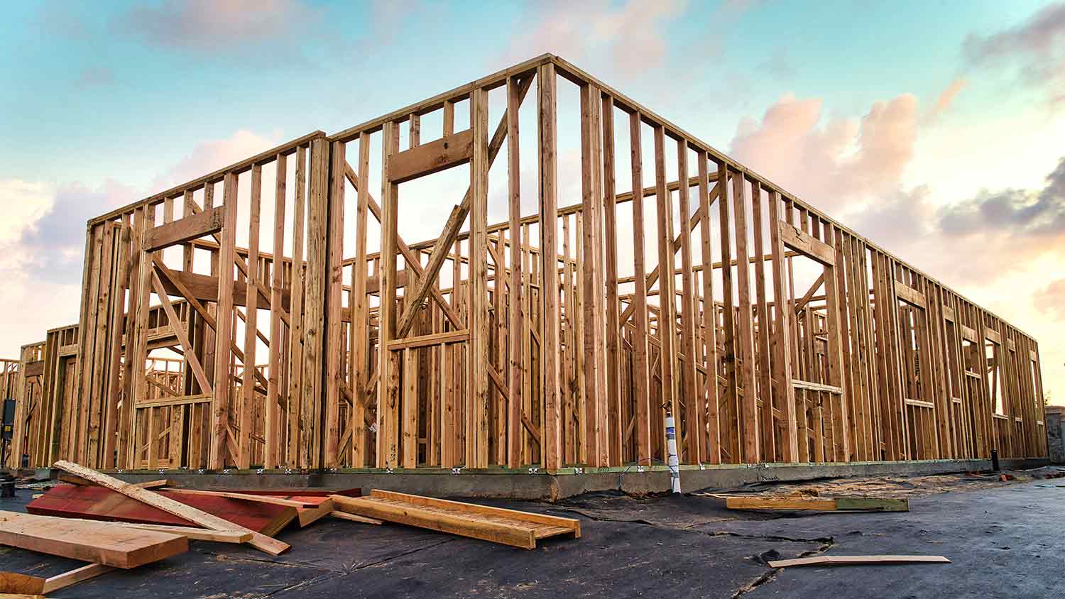 A view of the first floor of a house being framed