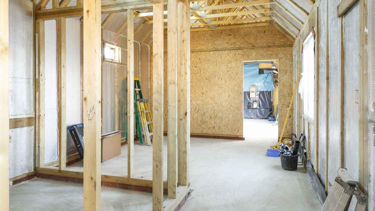 The framing of interior walls of a house