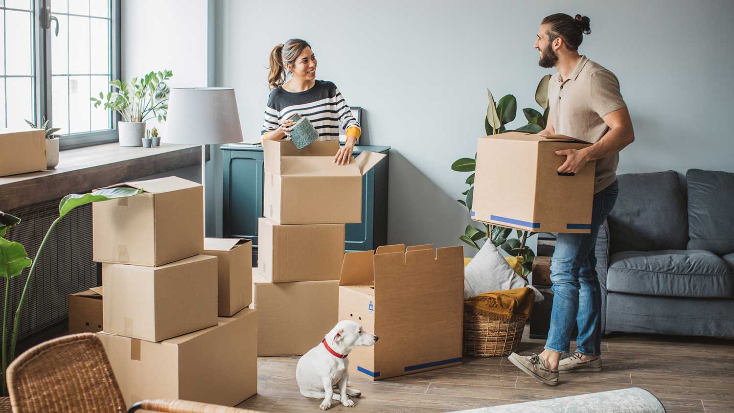 Couple in the living room packing their belongings