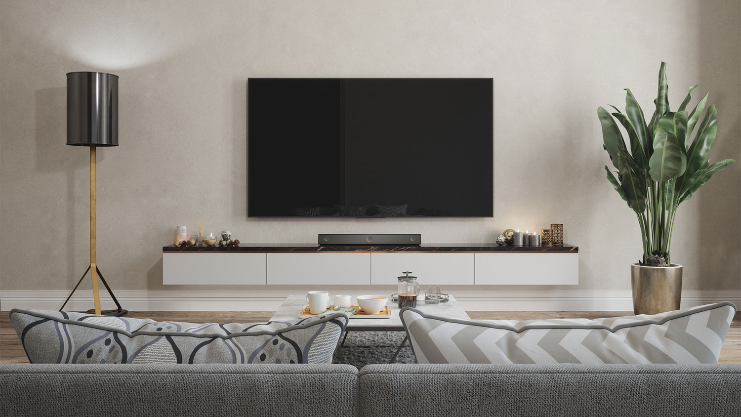 Living room interior with smart Tv and sofa