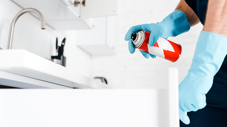 Man using gloves sprays inside kitchen cabinets