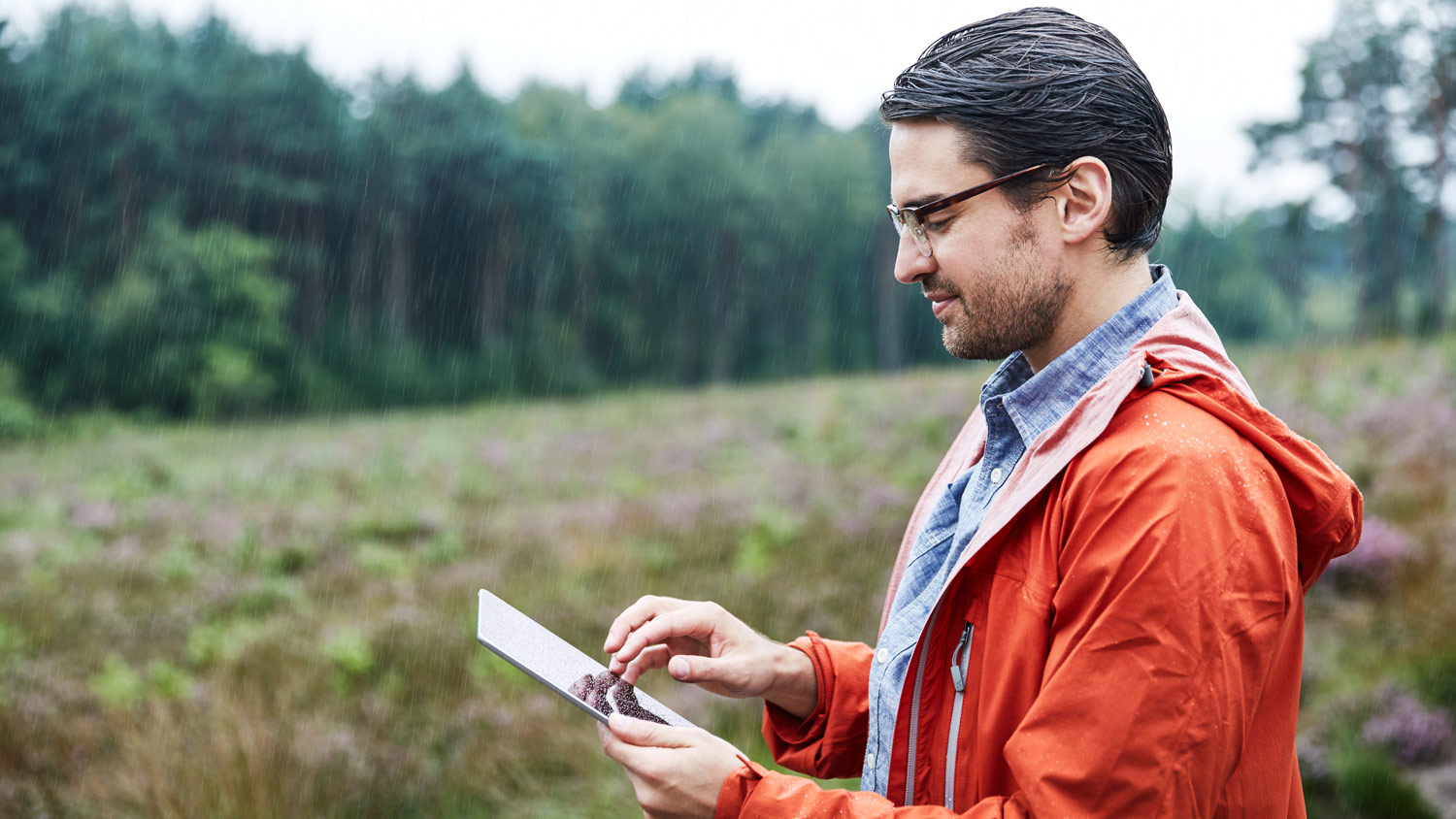 Man with tablet in landscape