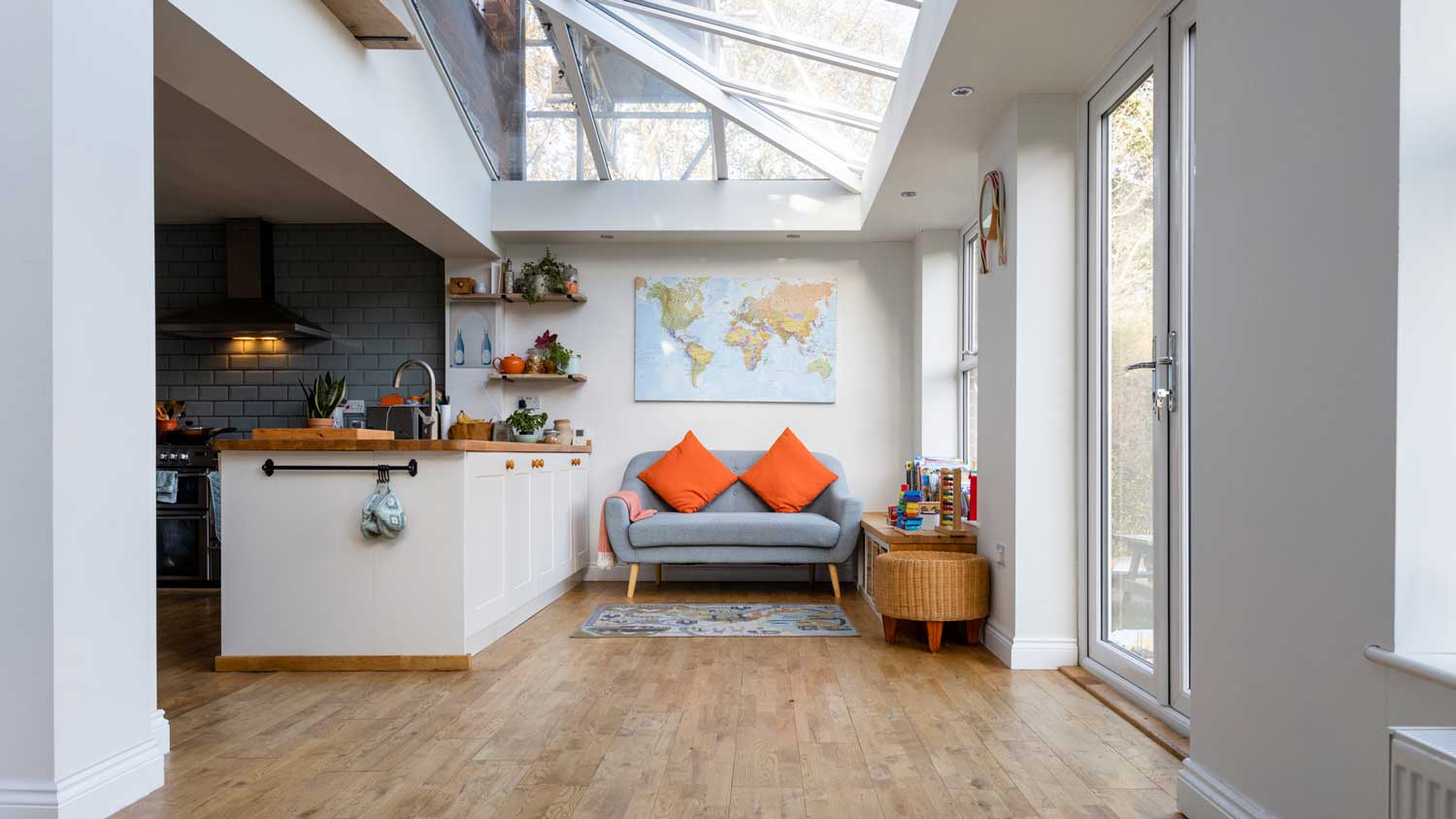 An open-space house with wooden floors