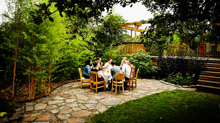 Dinner party on a flagstone patio
