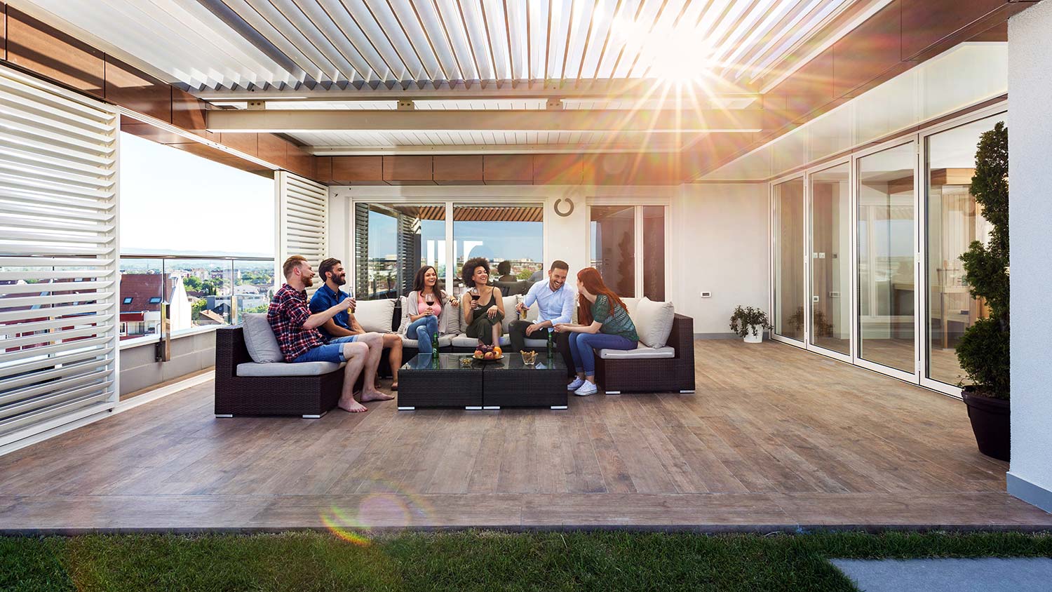 Friends have party on stamped concrete patio