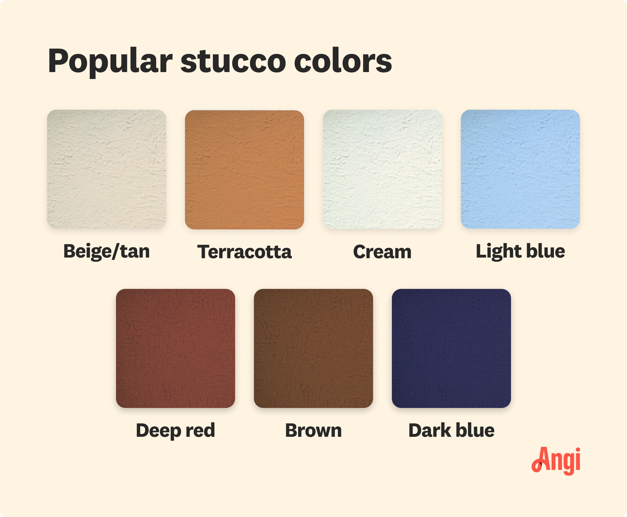 7 popular stucco colors compared visually, including terracotta, light blue, and deep red