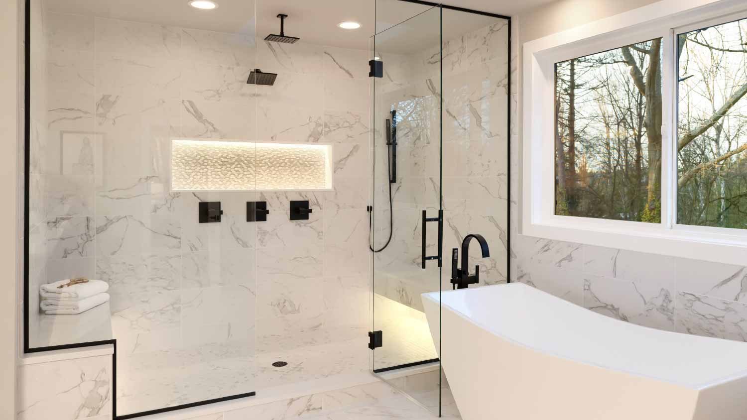 Shower with white marble and mosaic