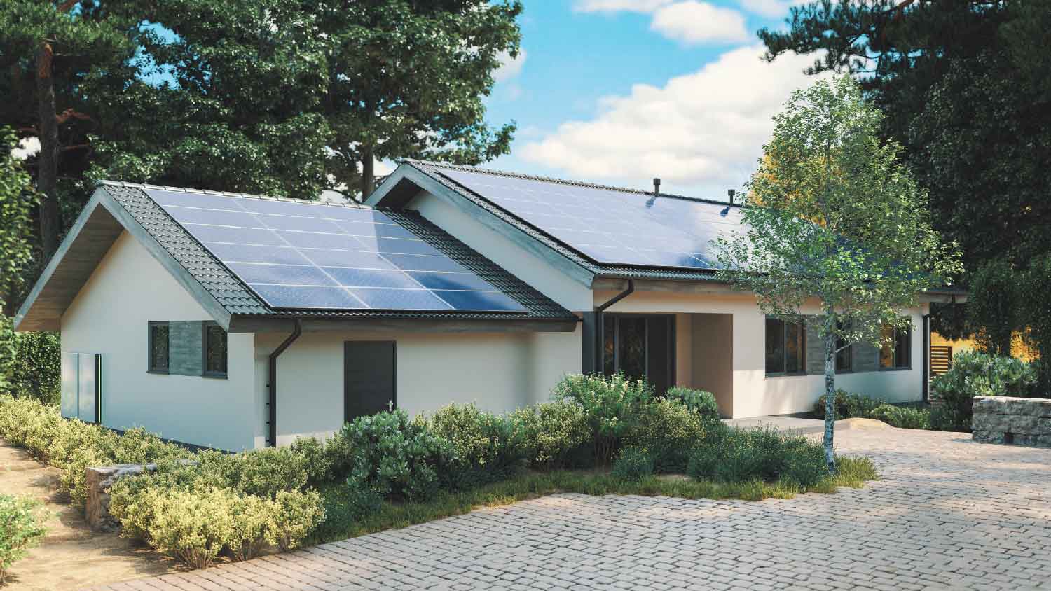A single family home with solar panels on the roof