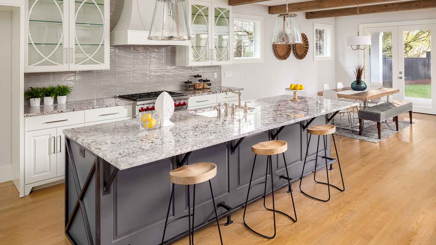 Stone countertop installed in an open plan kitchen