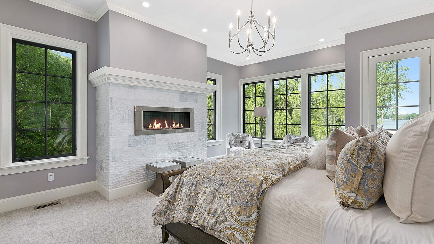 Ventless fireplace in beautiful master bedroom