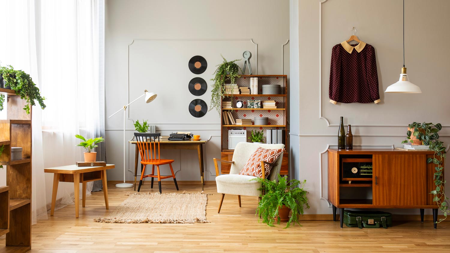 A vintage living room with wooden floor