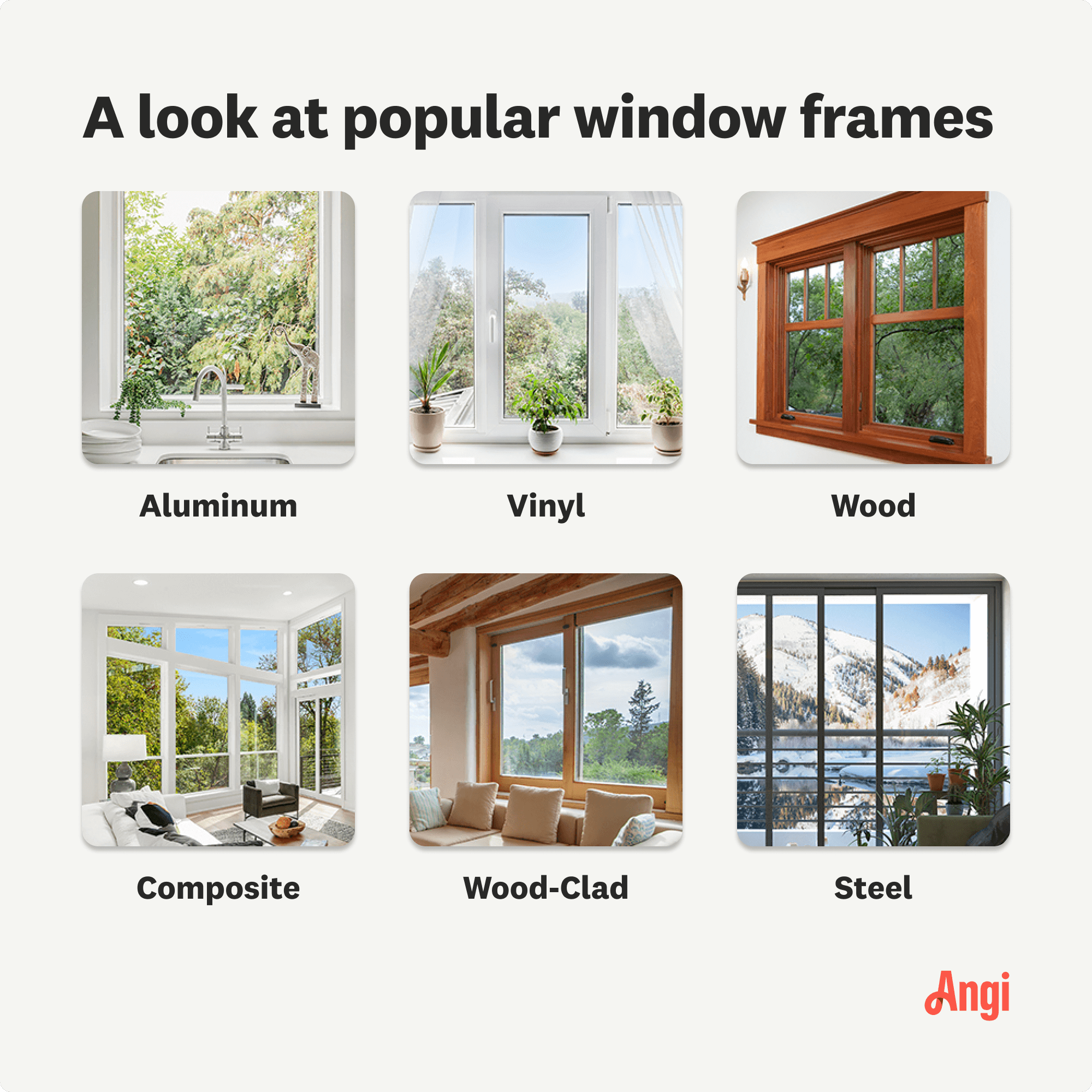 6 window frame types compared visually, including aluminum, vinyl, and wood